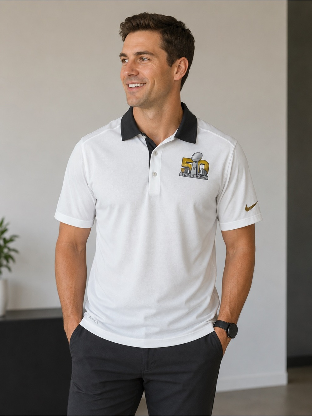 NFL Super Bowl 50 White Polo Casual Quick-dri with Black Collar and Gold Accent
